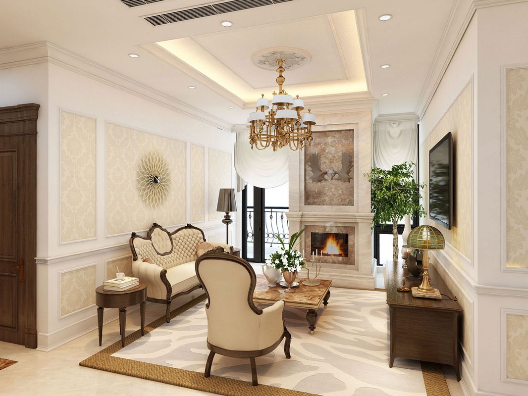 phào chỉ lưng tường phòng khách tân cổ điển