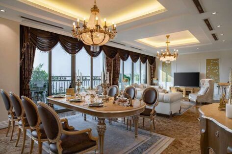 Không gian nội thất phòng khách và bếp căn hộ chung cư D’palais Louis phong cách Bamax