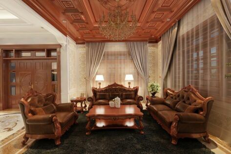 Thiết kế nội thất phòng khách biệt thự tân cổ điển gỗ tự nhiên