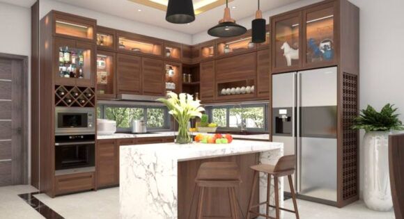 Mẫu tủ bếp gỗ óc chó cao cấp